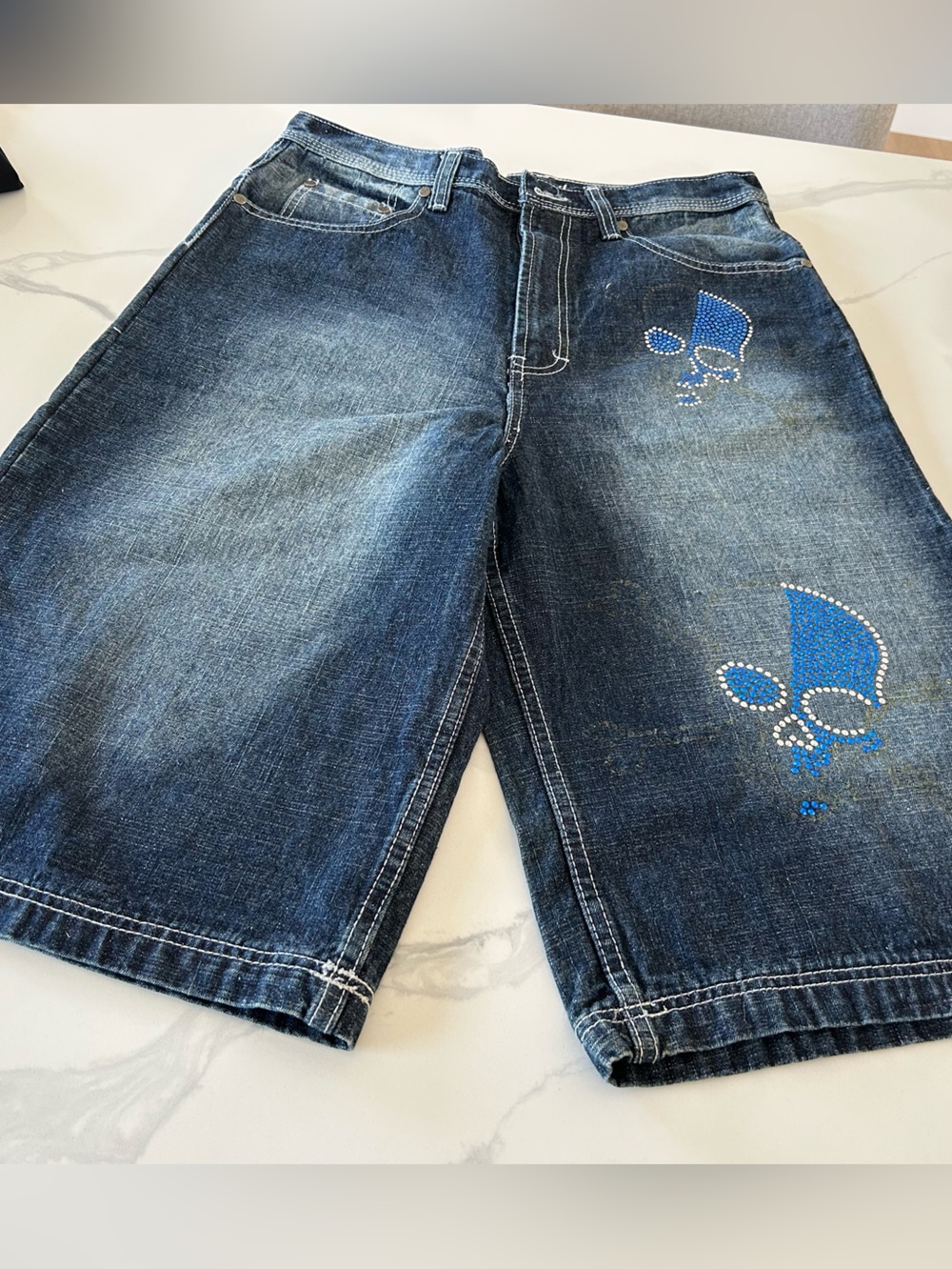 Men’s Sacred Cult Baggy Denim Shorts with Blue Skull Stud Accents - Picture 9 of 12